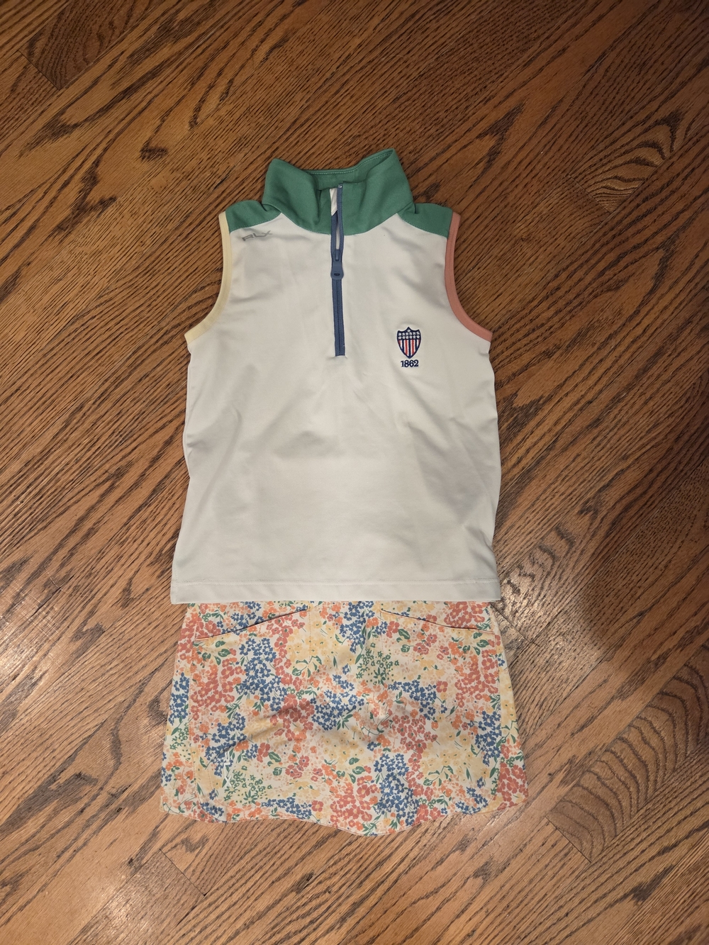 Polo by Ralph Lauren White Sleeveless Zip Polo with Multicolor Floral Skort